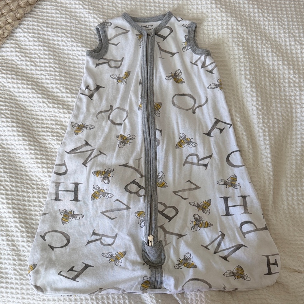 Burt's Bees White Sleep Sack with Gray Trim and Yellow Bee Print